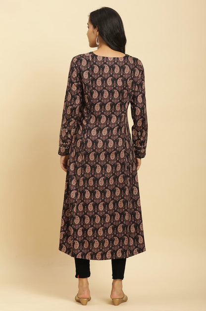 Black Paisley Printed Winter Kurta And Tights Set - wforwoman