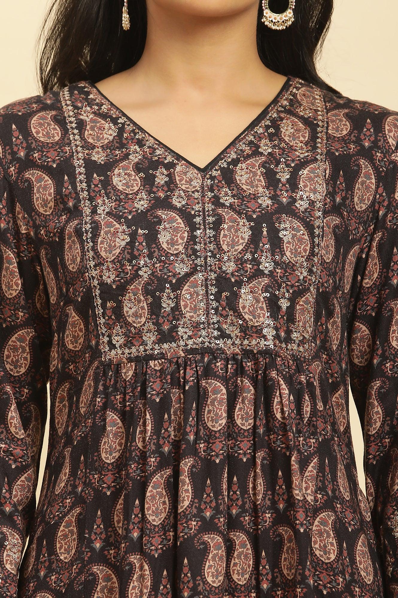 Black Paisley Printed Winter Kurta And Tights Set - wforwoman