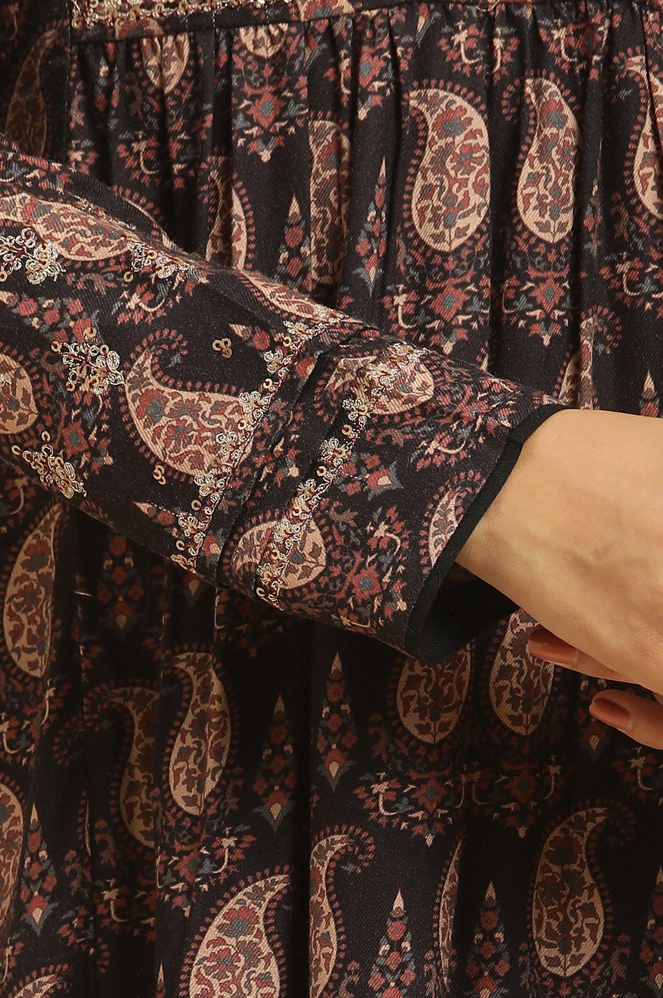 Black Paisley Printed Winter Kurta And Tights Set - wforwoman