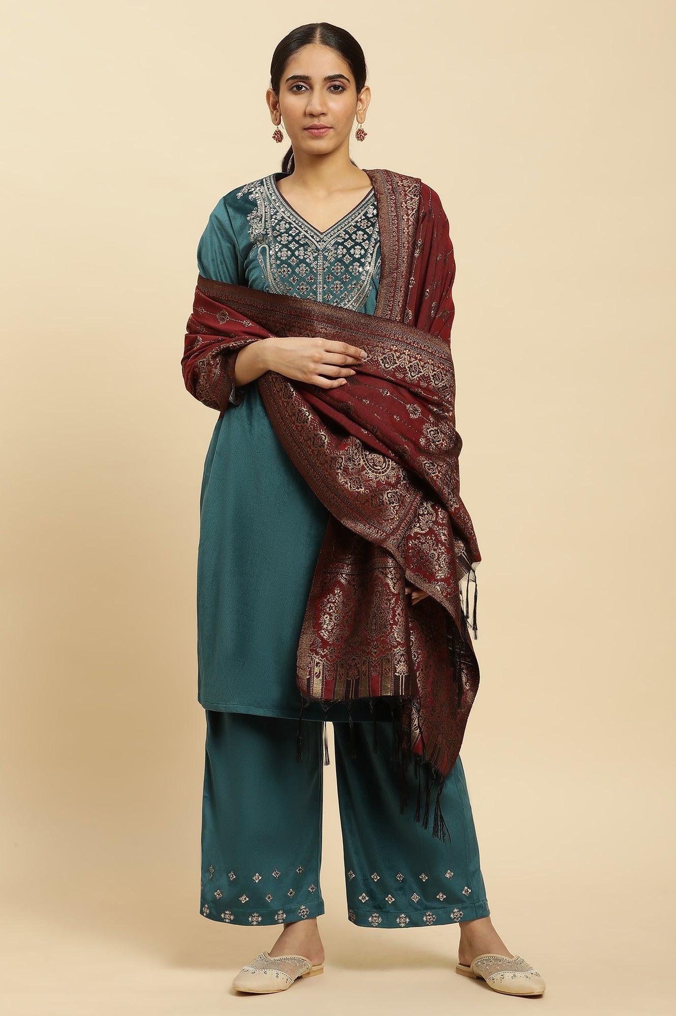 Blue Embroidered Velvet Winter Kurta, Pants And Shawl Set - wforwoman
