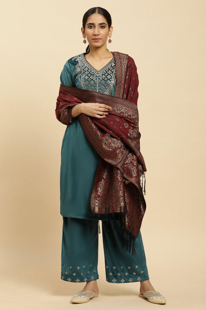 Blue Embroidered Velvet Winter Kurta, Pants And Shawl Set - wforwoman