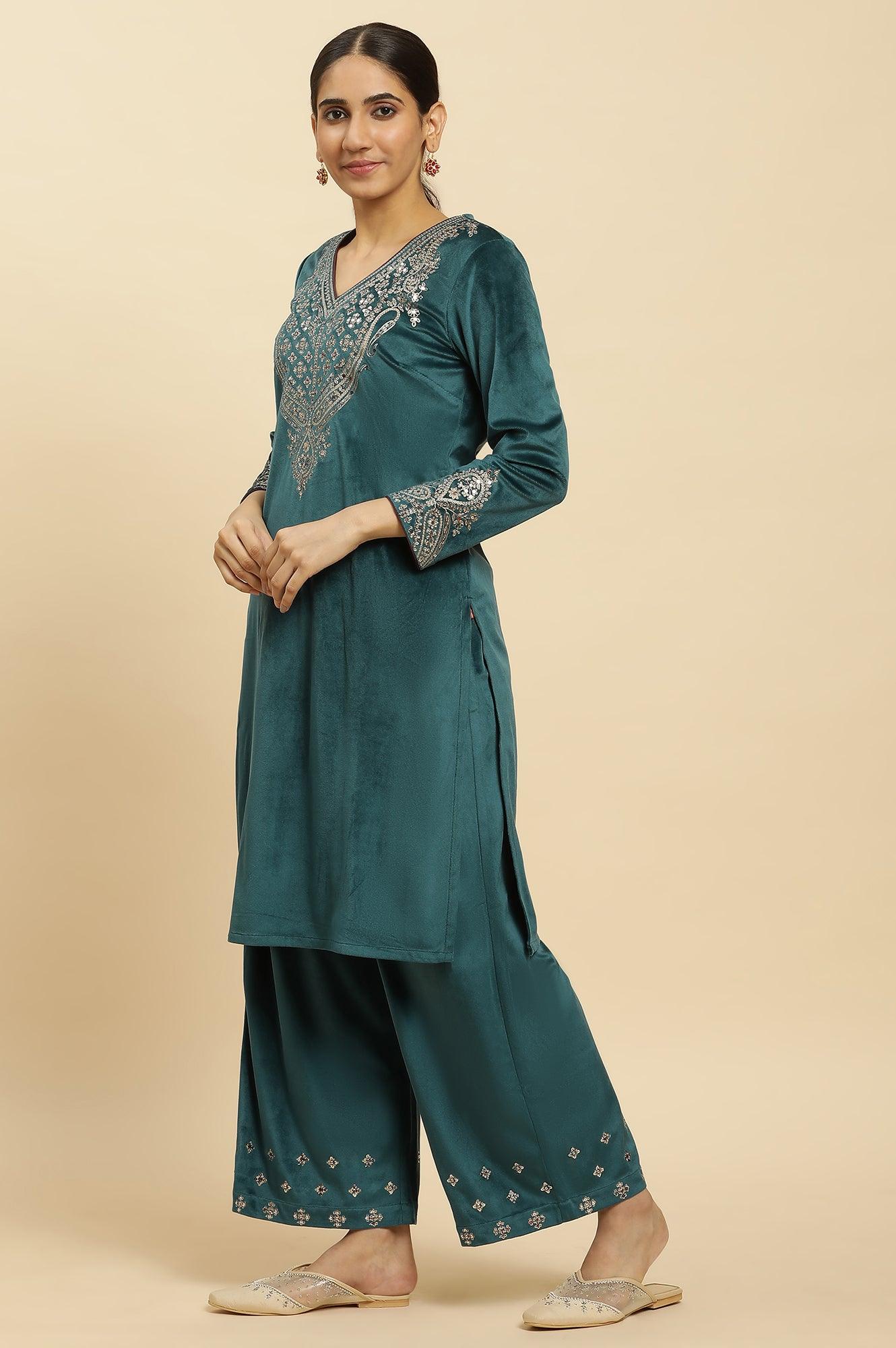 Blue Embroidered Velvet Winter Kurta, Pants And Shawl Set - wforwoman