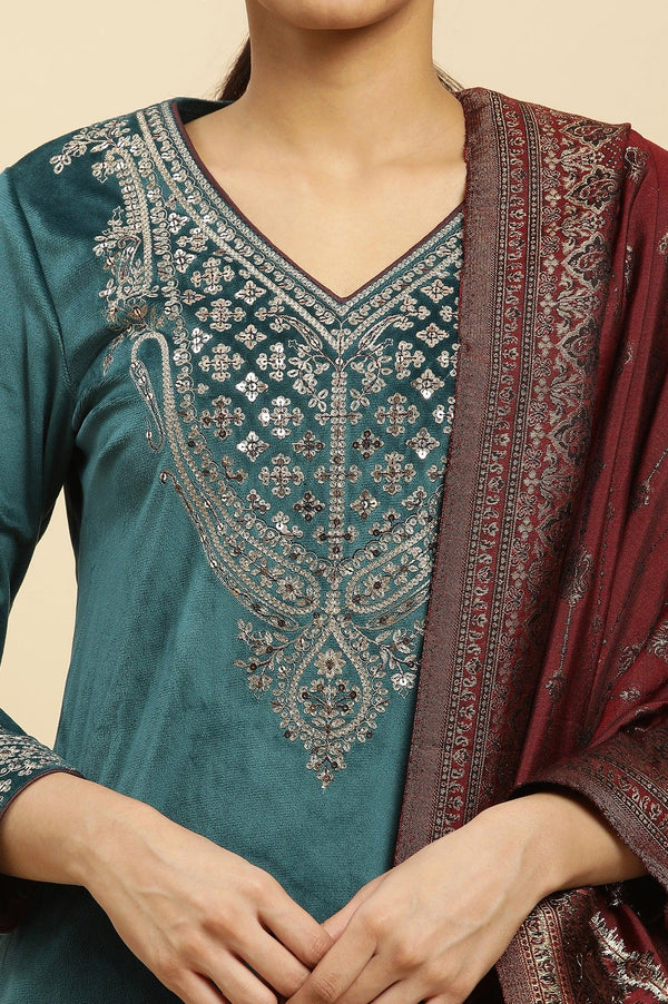 Blue Embroidered Velvet Winter Kurta, Pants And Shawl Set