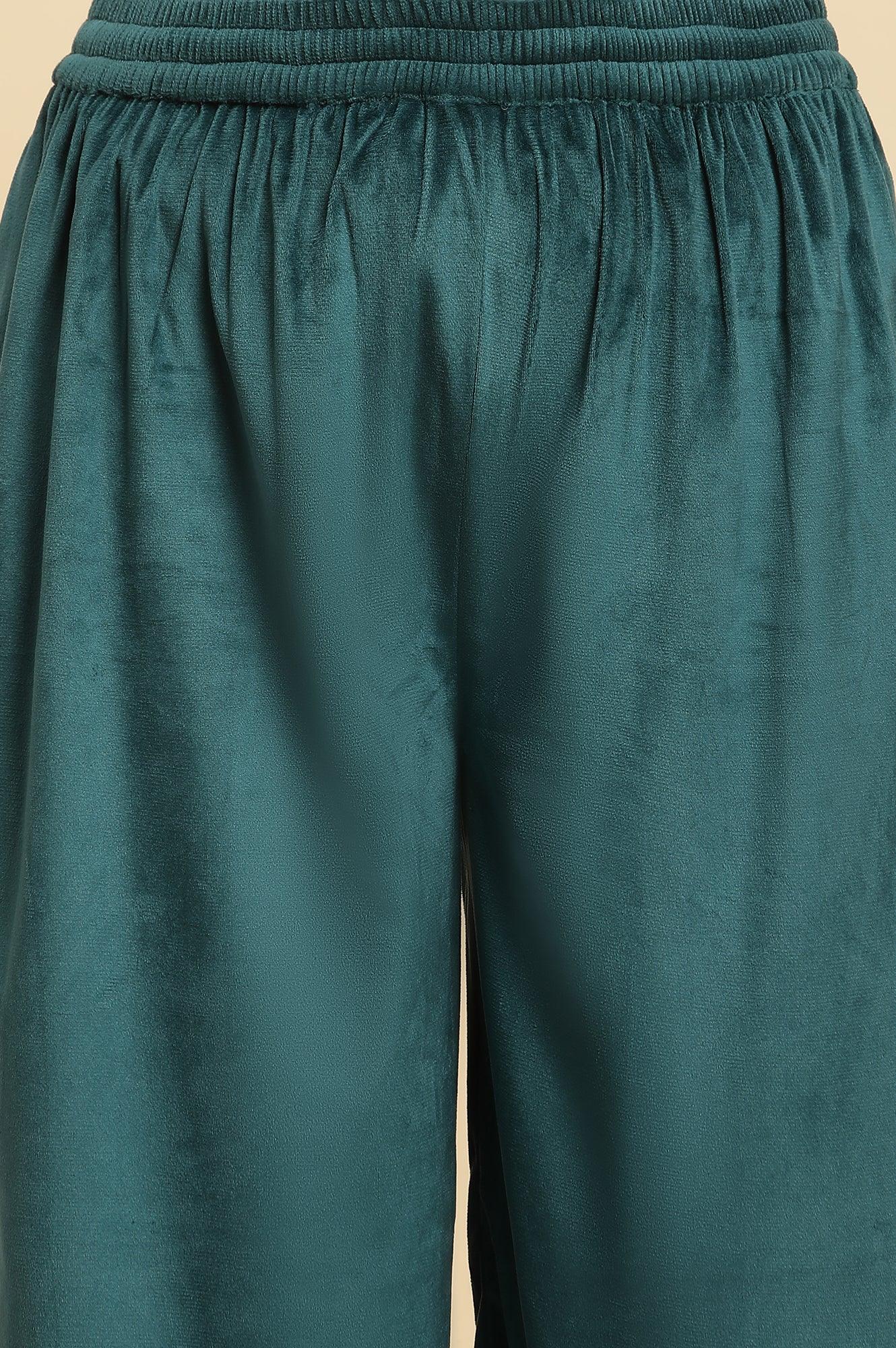 Blue Embroidered Velvet Winter Kurta, Pants And Shawl Set - wforwoman