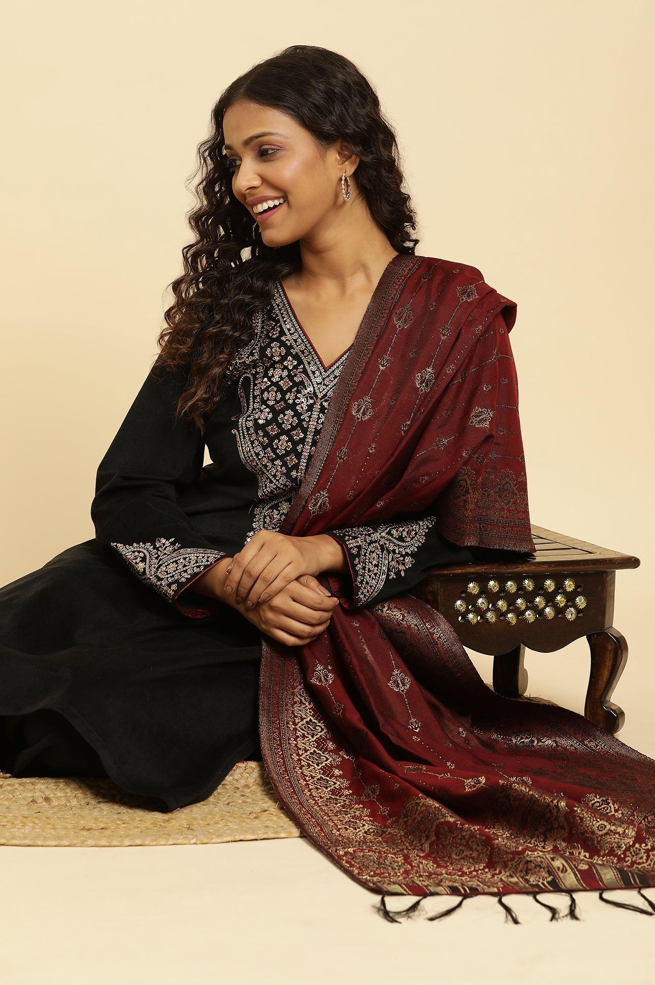 Black Embroidered Velvet Winter Kurta, Pants And Shawl Set - wforwoman