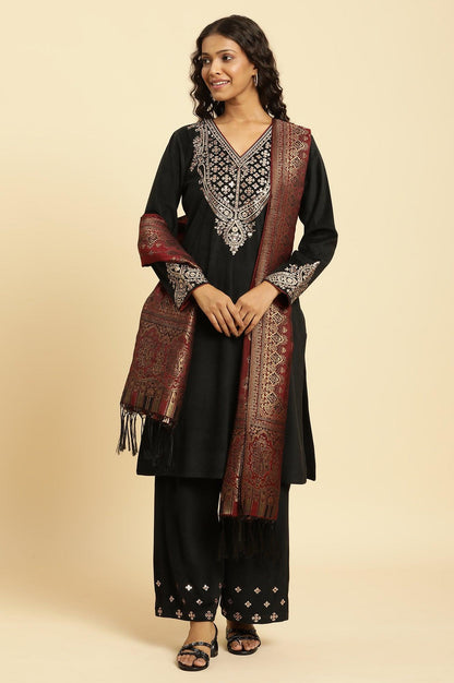 Black Embroidered Velvet Winter Kurta, Pants And Shawl Set - wforwoman