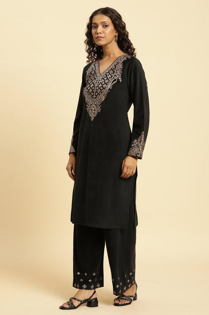 Black Embroidered Velvet Winter Kurta, Pants And Shawl Set - wforwoman