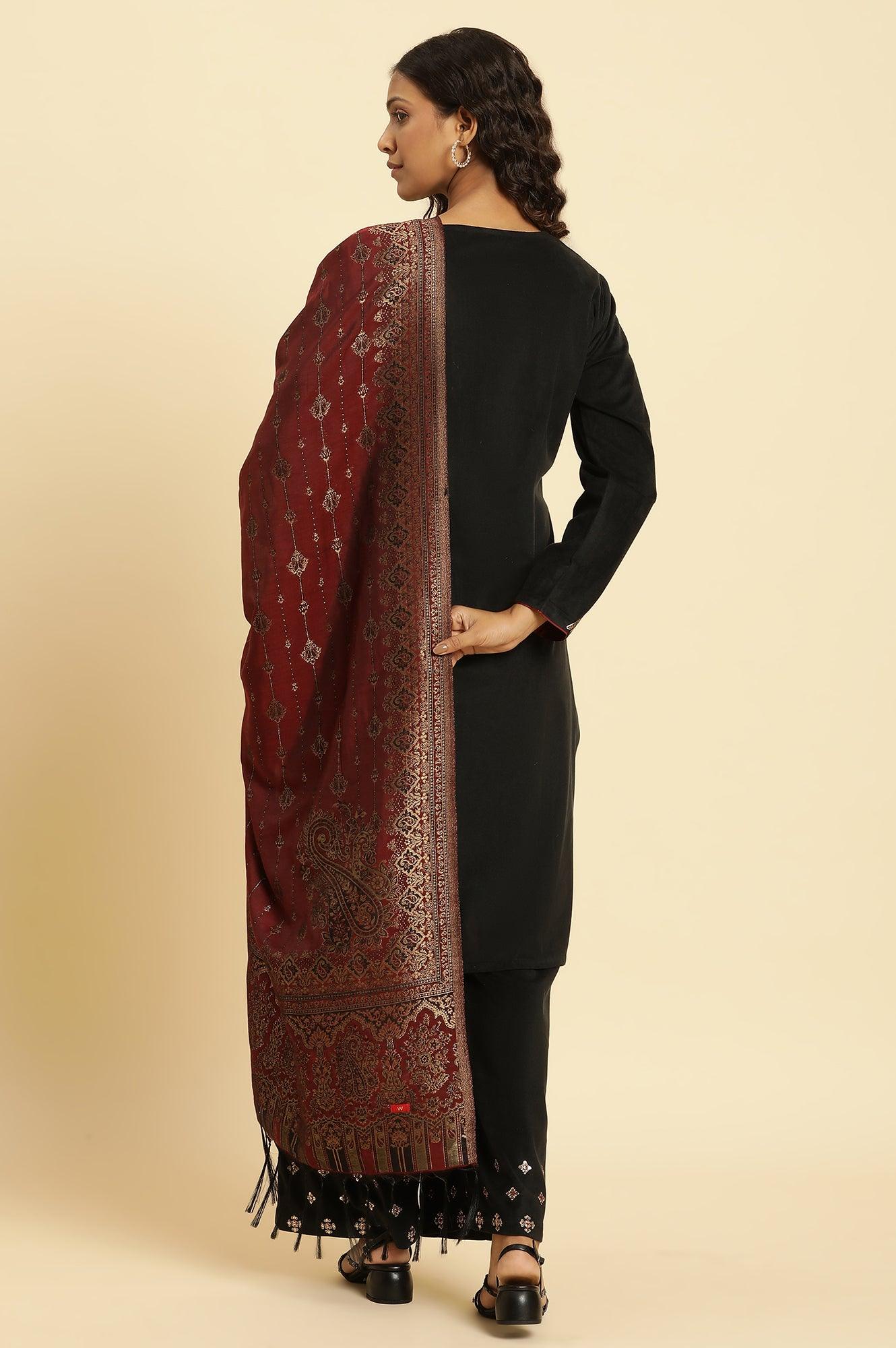 Black Embroidered Velvet Winter Kurta, Pants And Shawl Set - wforwoman