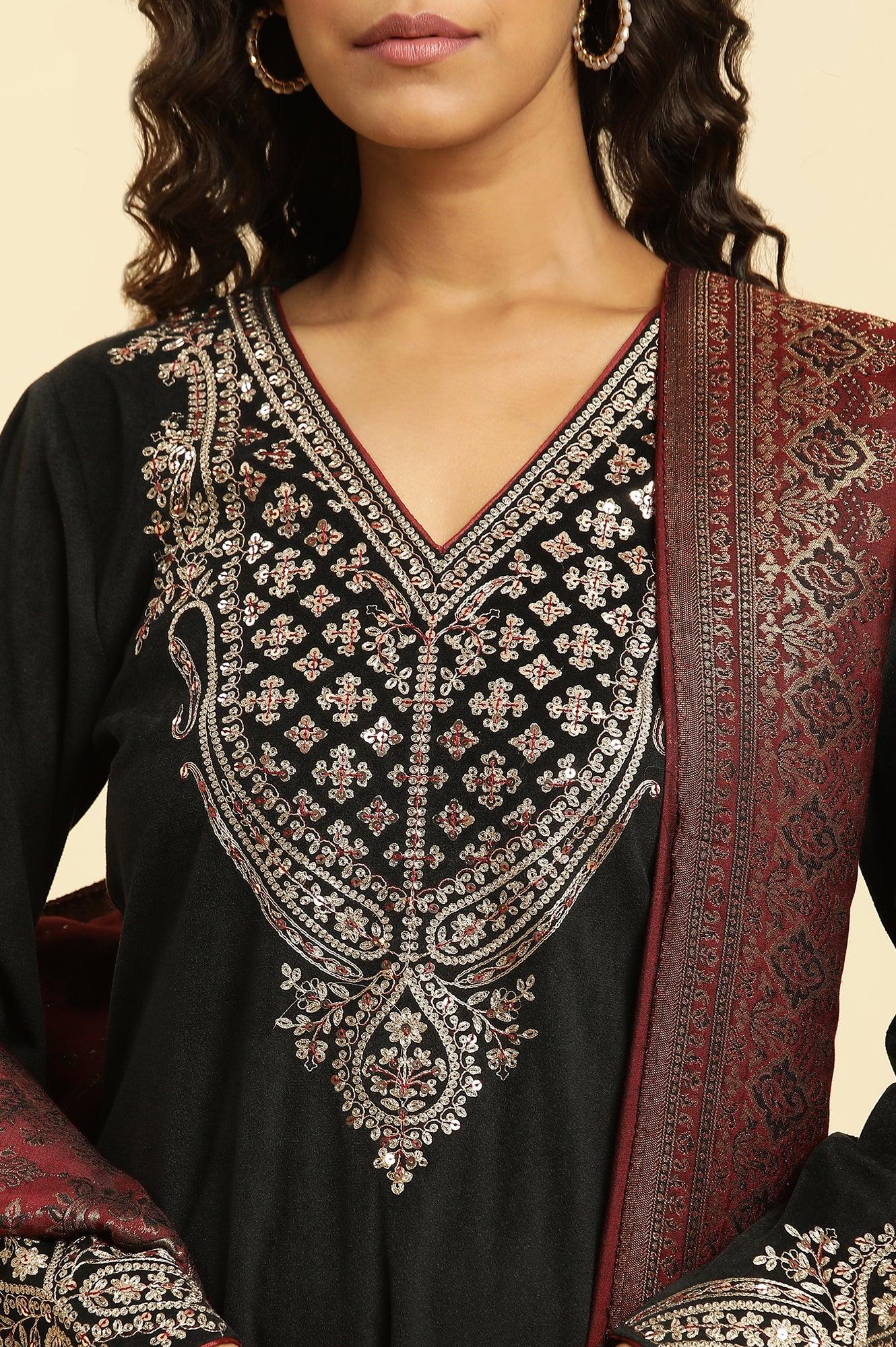 Black Embroidered Velvet Winter Kurta, Pants And Shawl Set - wforwoman