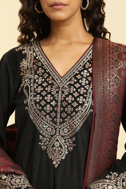 Black Embroidered Velvet Winter Kurta, Pants And Shawl Set - wforwoman