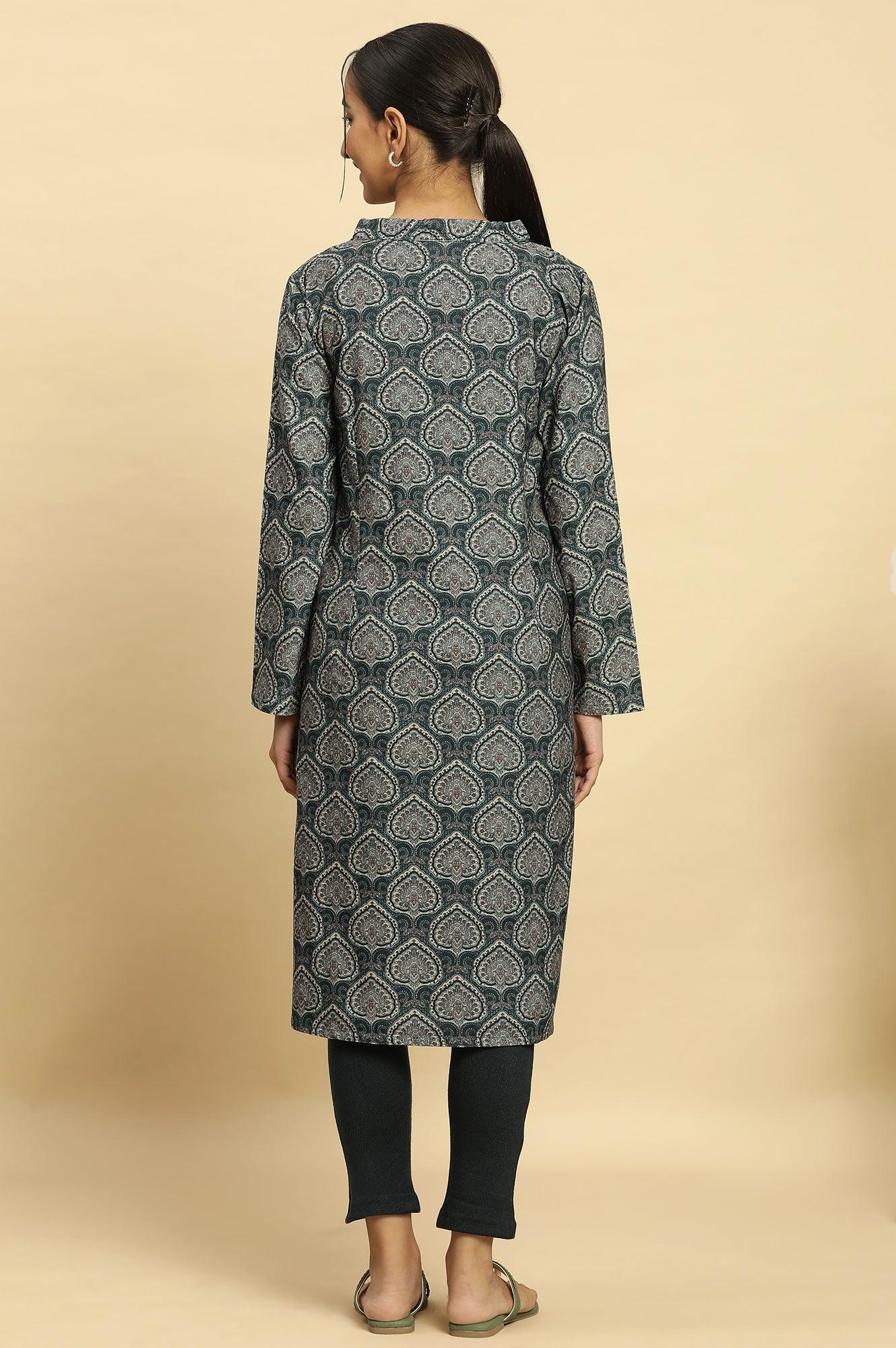 Green Printed Winter Kurta And Tights Set - wforwoman