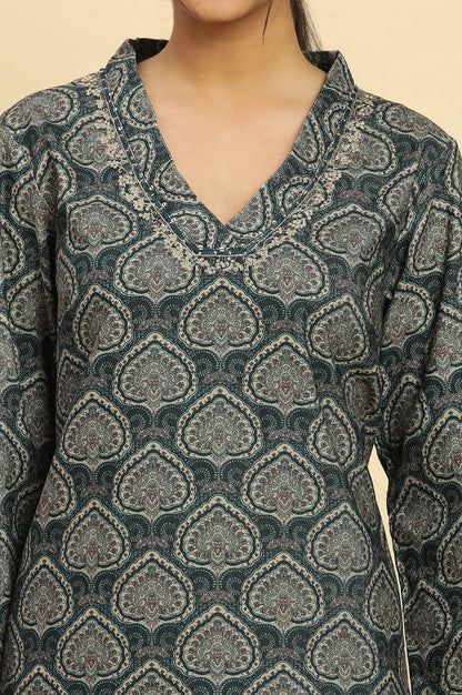 Green Printed Winter Kurta And Tights Set - wforwoman