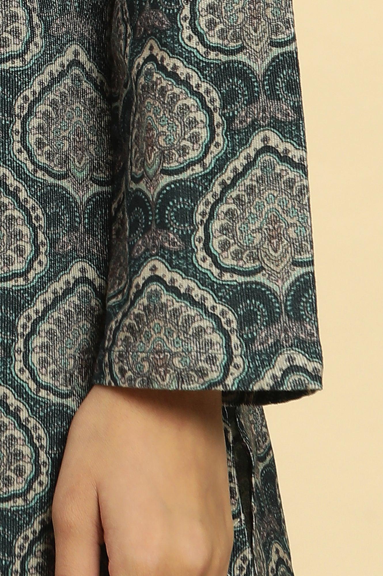 Green Printed Winter Kurta And Tights Set - wforwoman