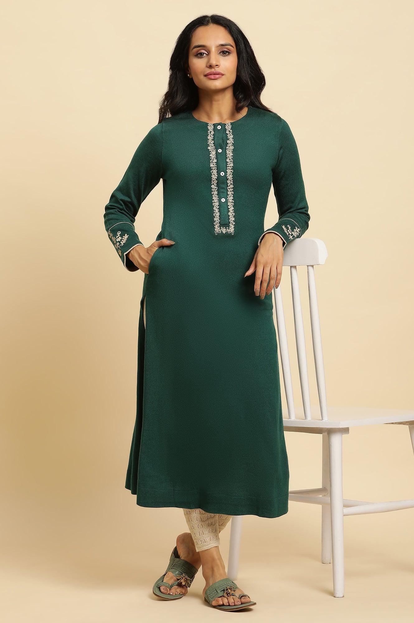 Emerald Green Embroidered Winter Kurta And Tights Set - wforwoman