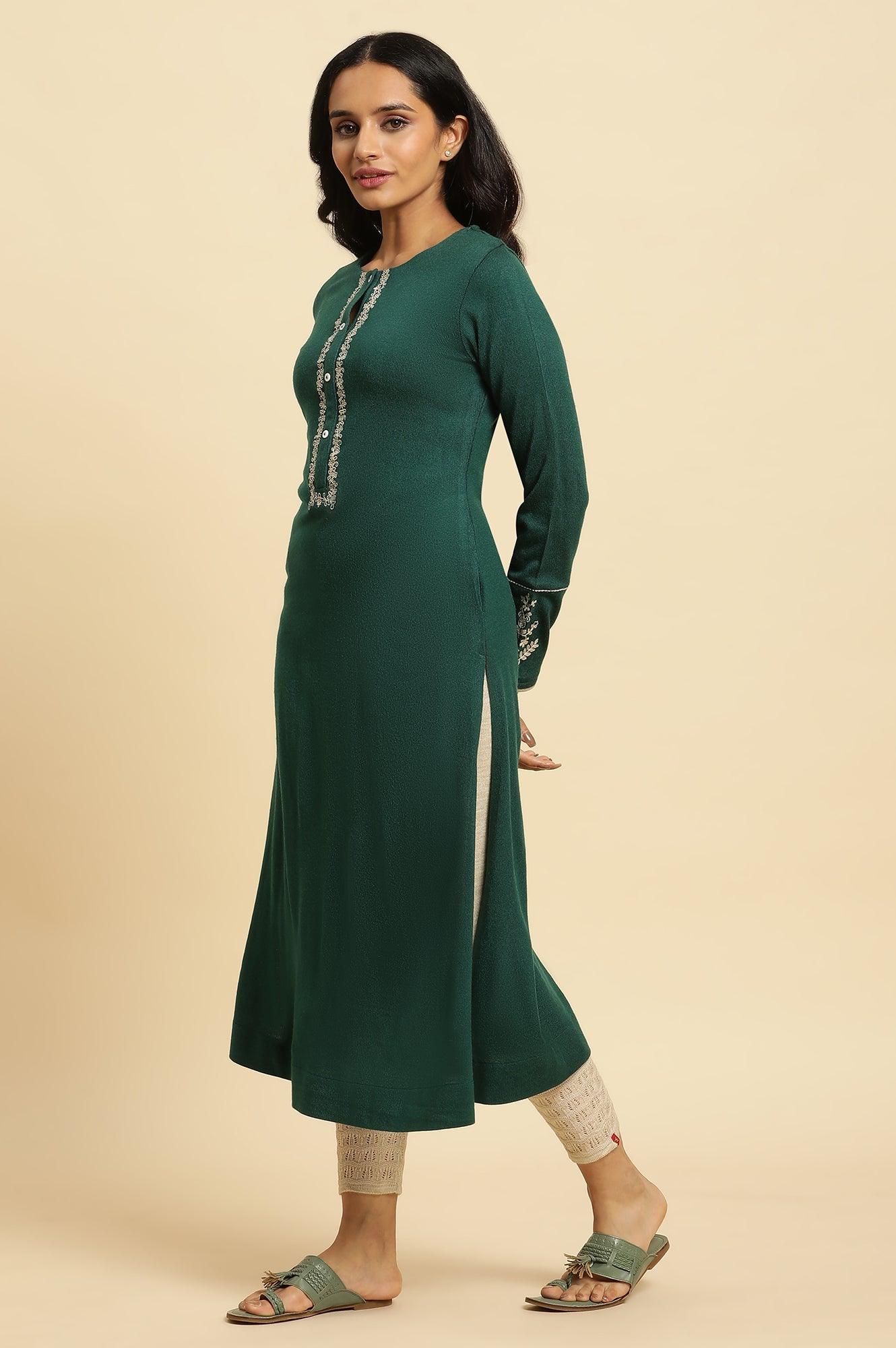 Emerald Green Embroidered Winter Kurta And Tights Set - wforwoman