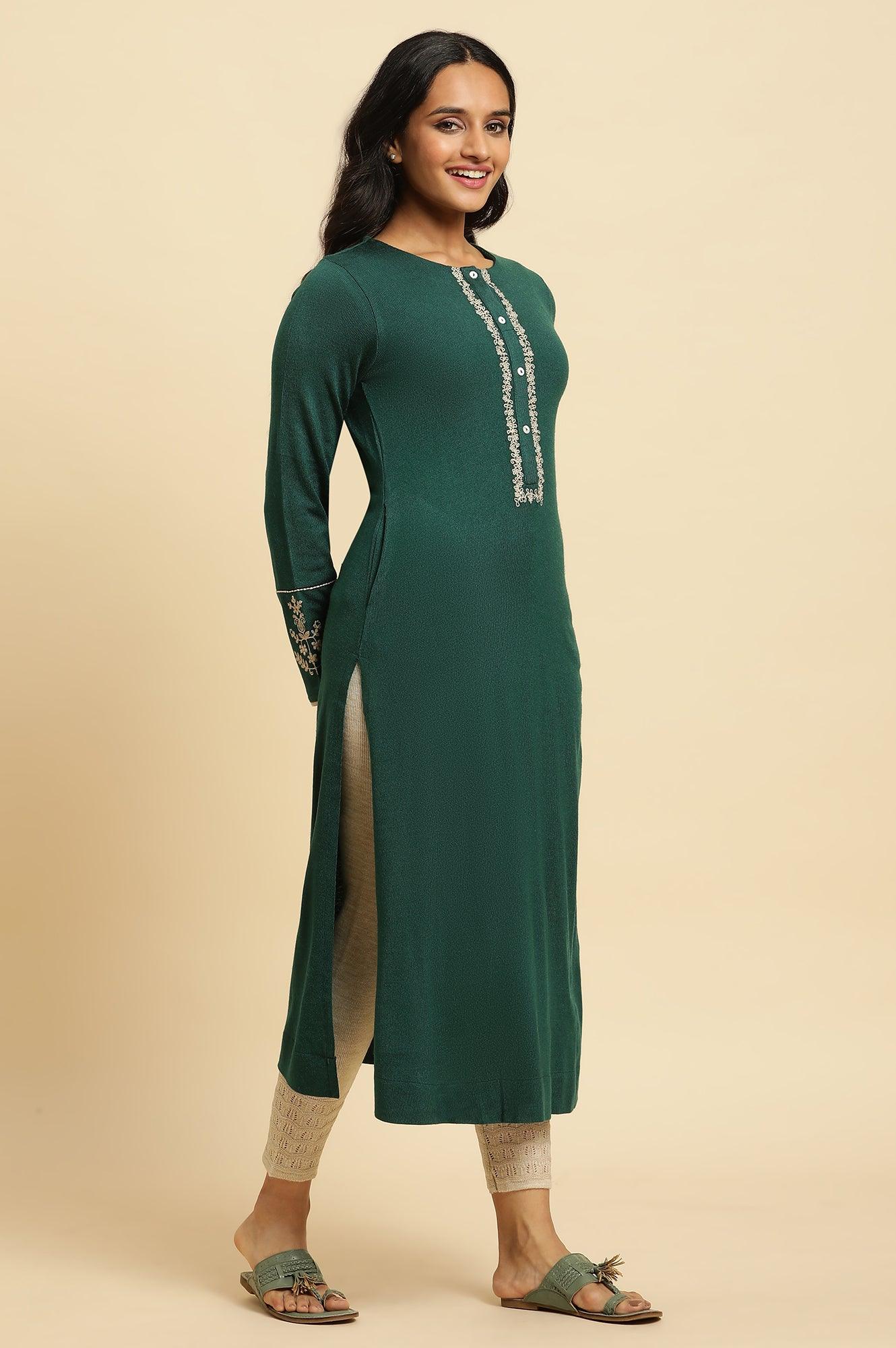 Emerald Green Embroidered Winter Kurta And Tights Set - wforwoman