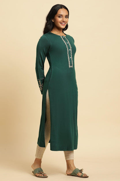 Emerald Green Embroidered Winter Kurta And Tights Set - wforwoman