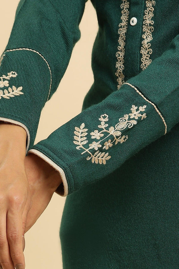Emerald Green Embroidered Winter Kurta And Tights Set