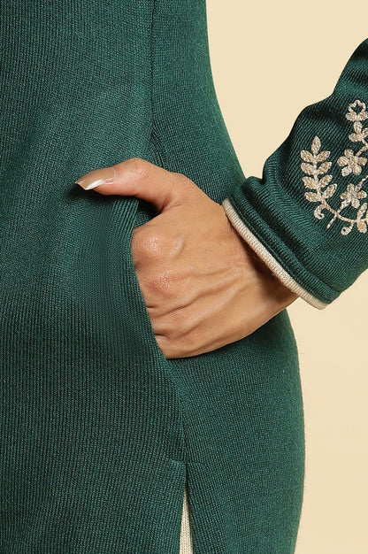 Emerald Green Embroidered Winter Kurta And Tights Set - wforwoman