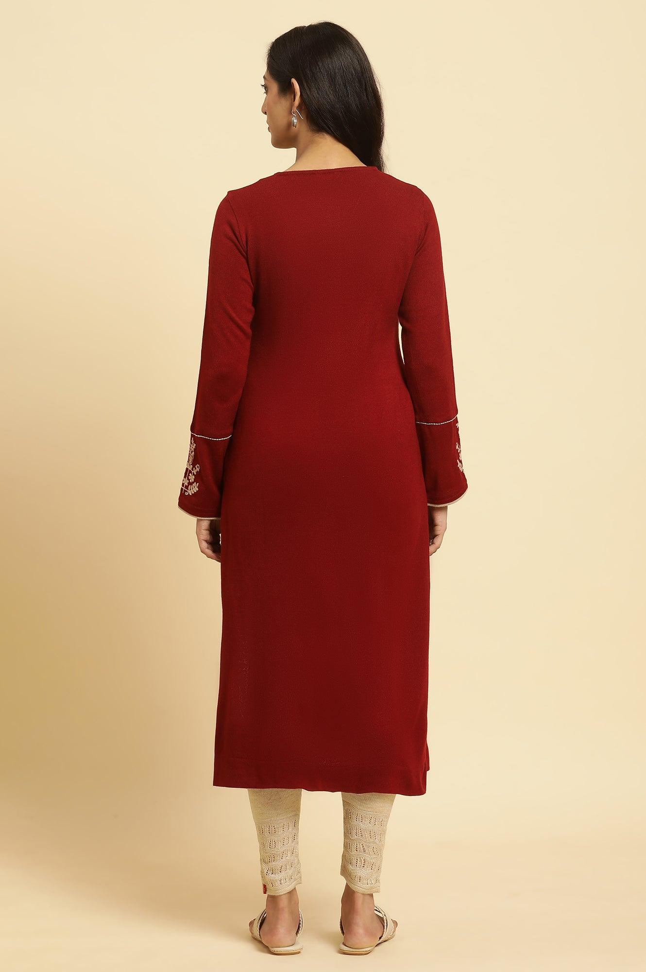 Red Embroidered Winter Kurta And Tights Set - wforwoman