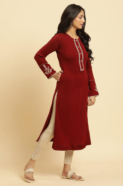 Red Embroidered Winter Kurta And Tights Set - wforwoman