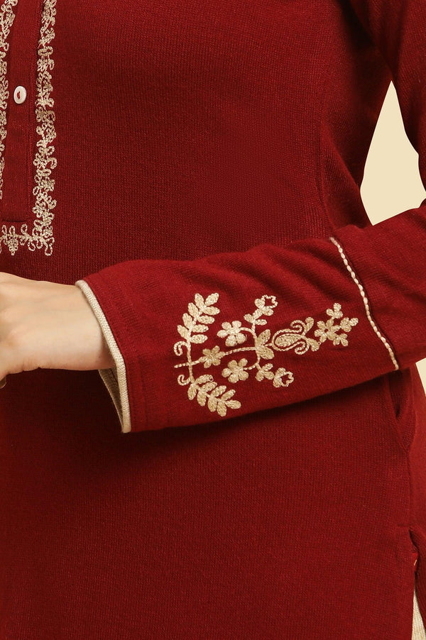 Red Embroidered Winter Kurta And Tights Set
