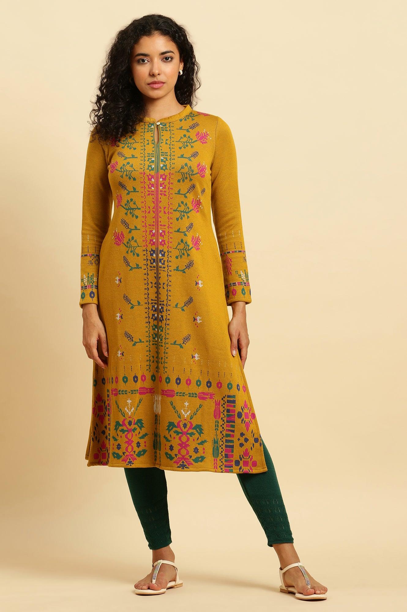 Buy Yellow Geometric Printed Winter Kurta And Tights Set Online for Woman | WforWoman Buy Yellow Geometric Printed Winter Kurta And Tights Set Online for Woman | WforWoman
