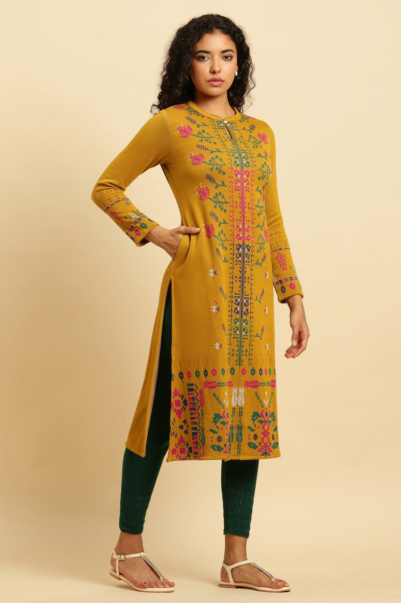 Yellow Geometric Printed Winter Kurta And Tights Set - wforwoman