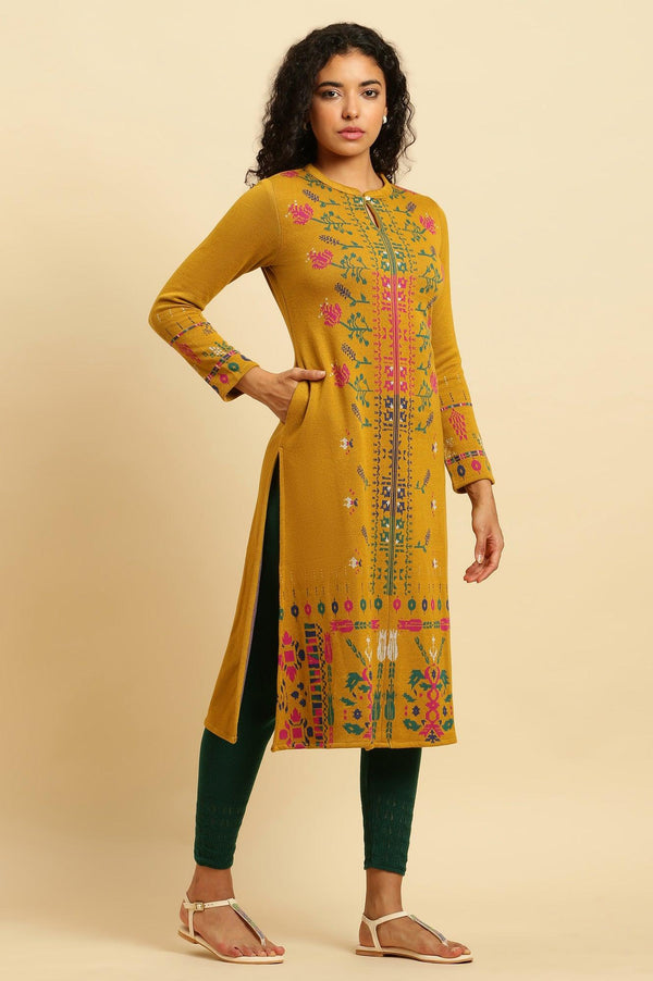 Yellow Geometric Printed Winter Kurta And Tights Set