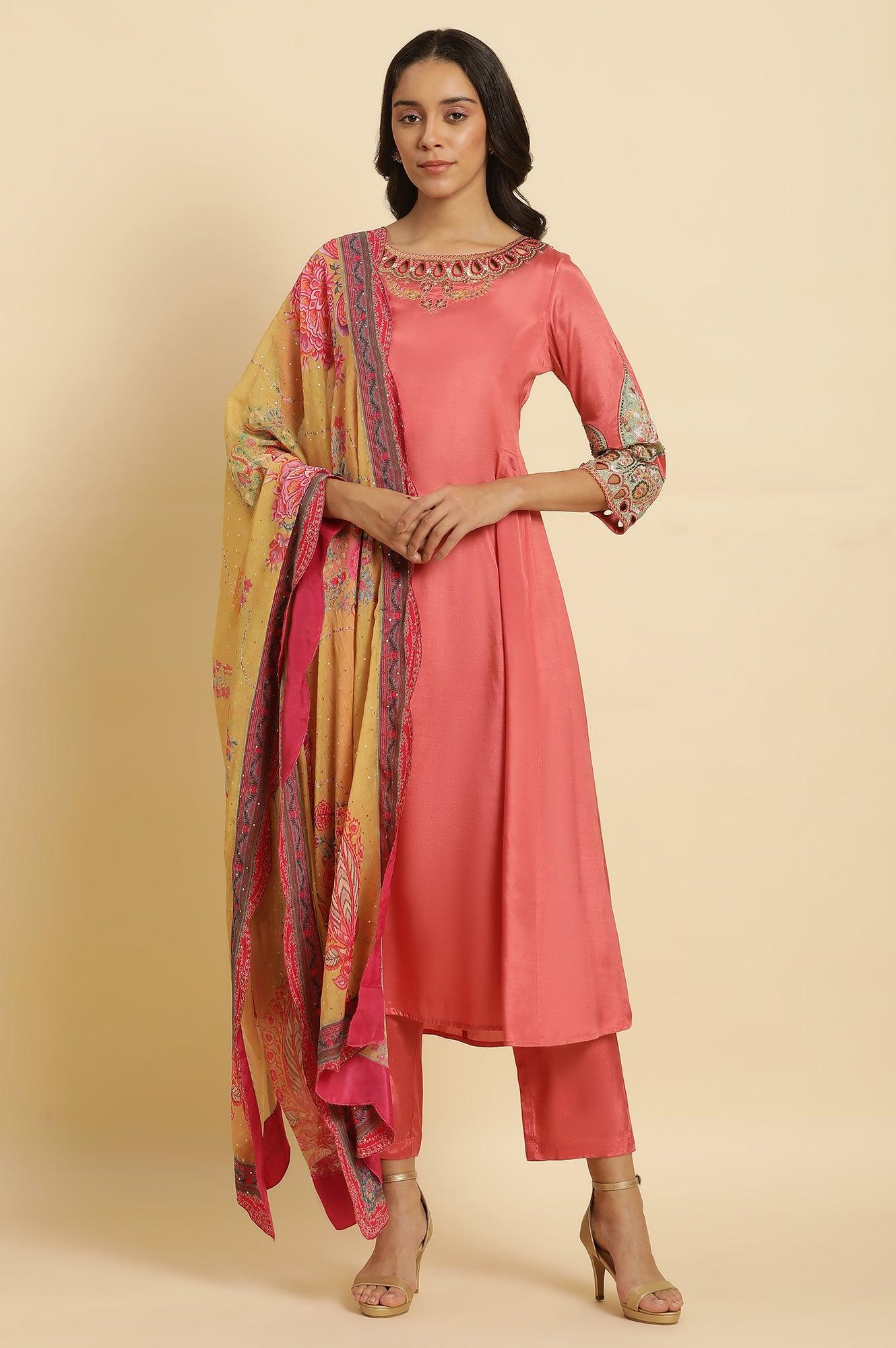 Pink Embroidered Anarkali Kurta, Pants &amp; Printed Dupatta Set - wforwoman