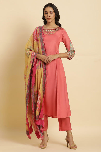 Pink Embroidered Anarkali Kurta, Pants &amp; Printed Dupatta Set - wforwoman