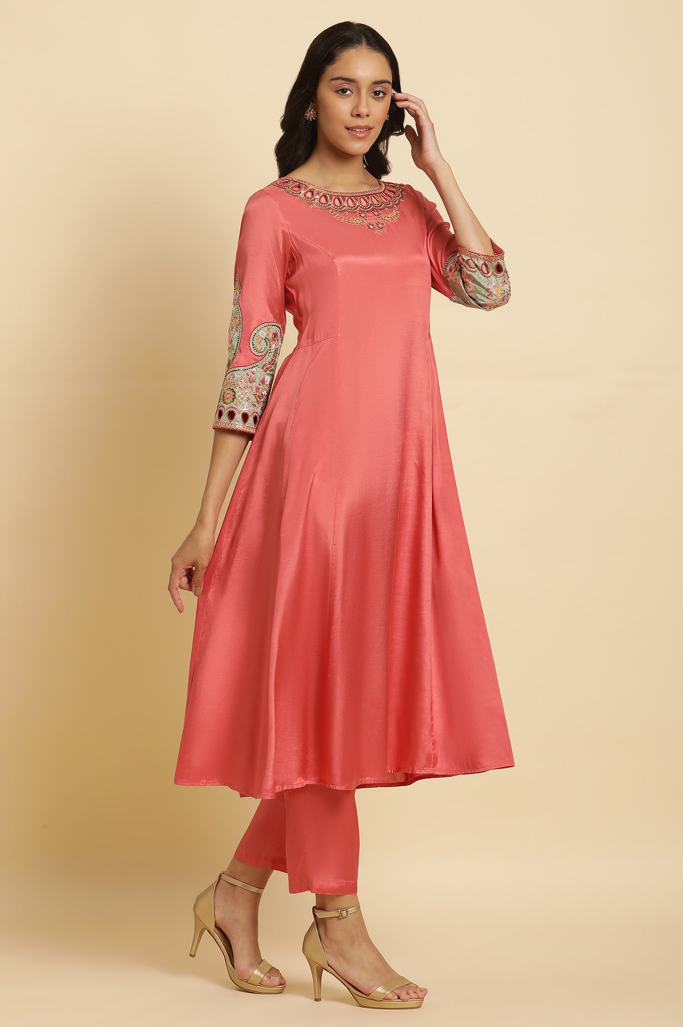 Pink Embroidered Anarkali Kurta, Pants &amp; Printed Dupatta Set - wforwoman