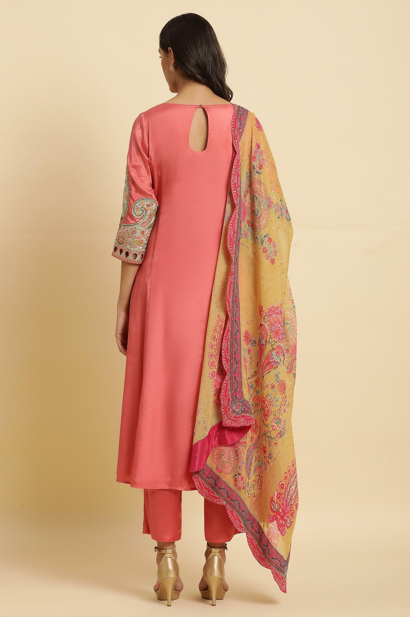 Pink Embroidered Anarkali Kurta, Pants &amp; Printed Dupatta Set - wforwoman