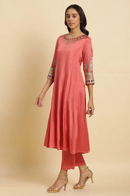 Pink Embroidered Anarkali Kurta, Pants &amp; Printed Dupatta Set - wforwoman
