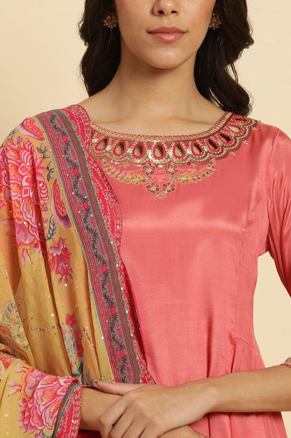 Pink Embroidered Anarkali Kurta, Pants &amp; Printed Dupatta Set - wforwoman