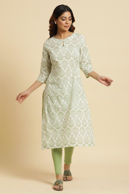 Ecru Straight Cotton Kurta In Green Paisley Print - wforwoman