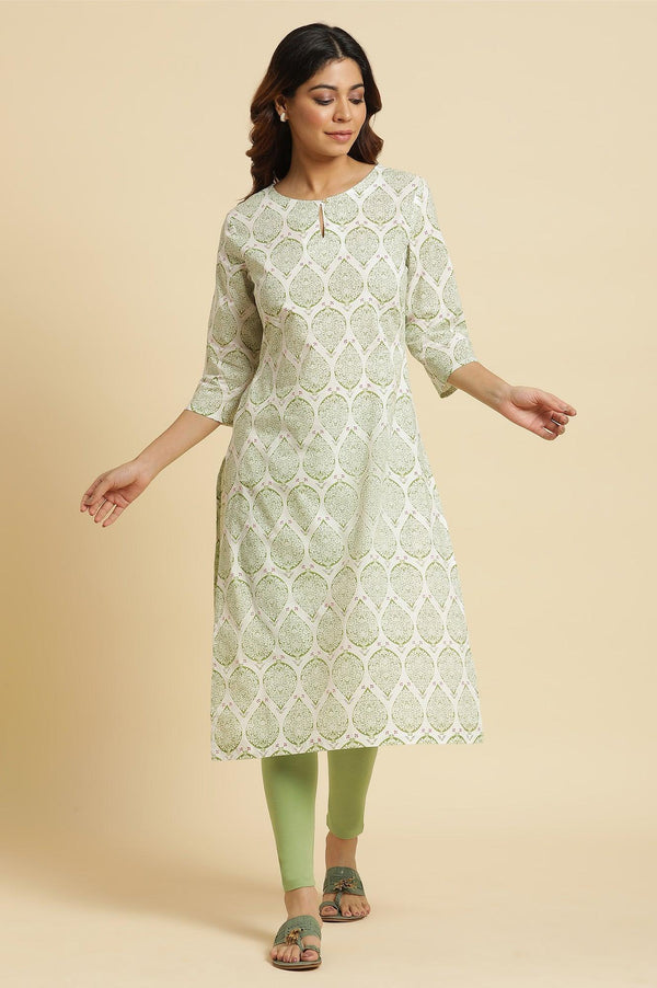 Ecru Straight Cotton Kurta In Green Paisley Print