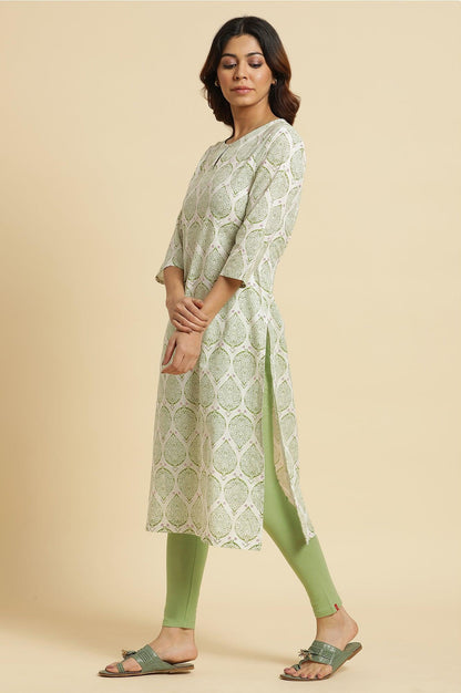 Ecru Straight Cotton Kurta In Green Paisley Print - wforwoman
