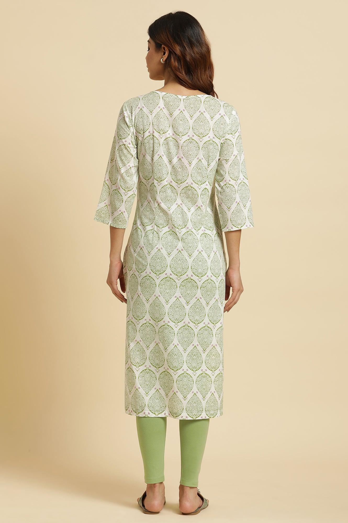 Ecru Straight Cotton Kurta In Green Paisley Print - wforwoman