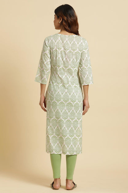 Ecru Straight Cotton Kurta In Green Paisley Print - wforwoman