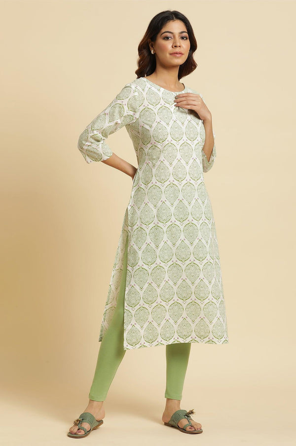 Ecru Straight Cotton Kurta In Green Paisley Print