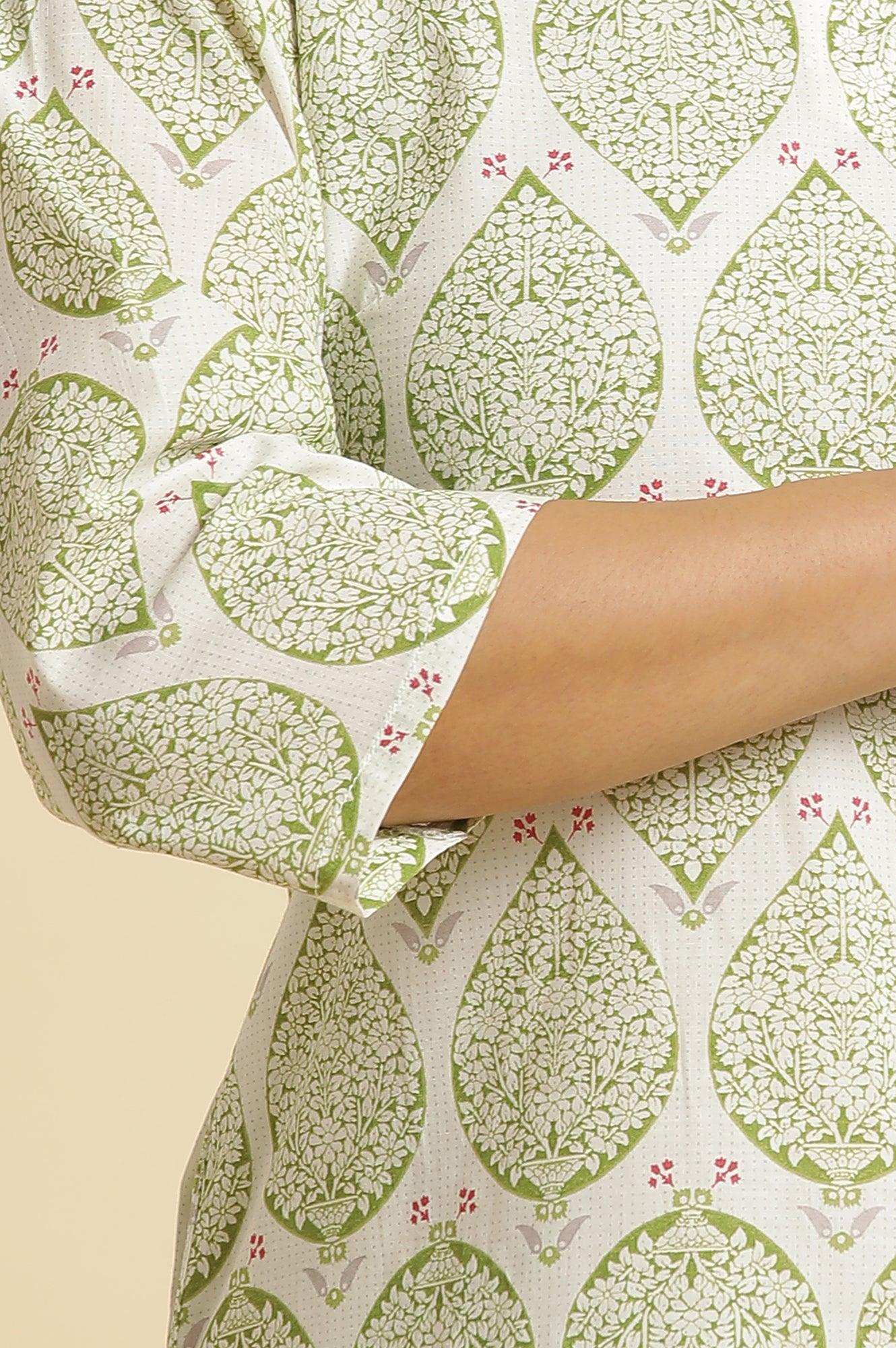 Ecru Straight Cotton Kurta In Green Paisley Print - wforwoman