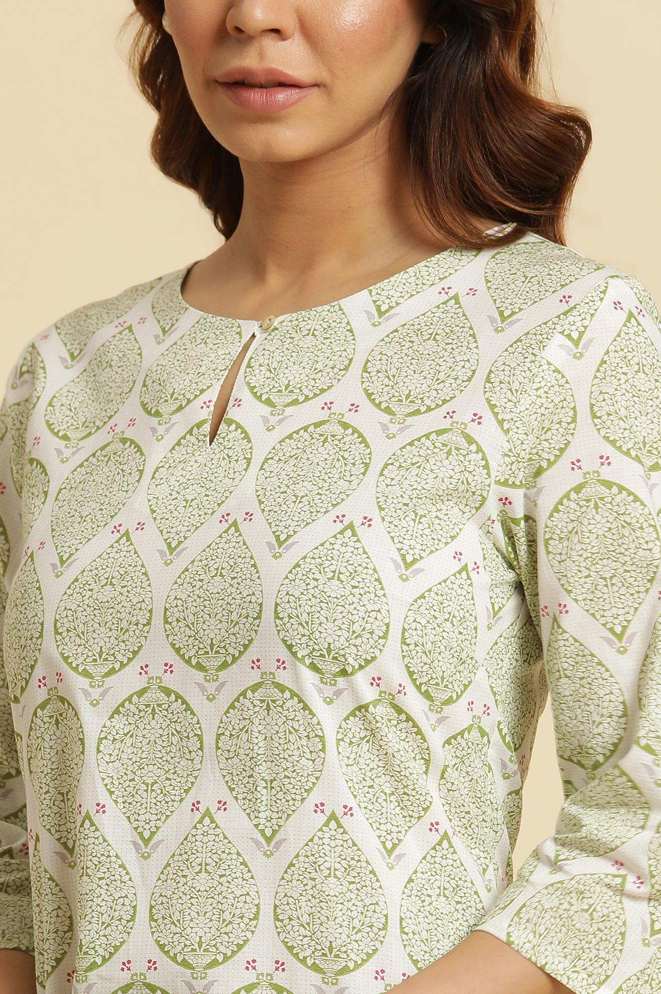 Ecru Straight Cotton Kurta In Green Paisley Print - wforwoman