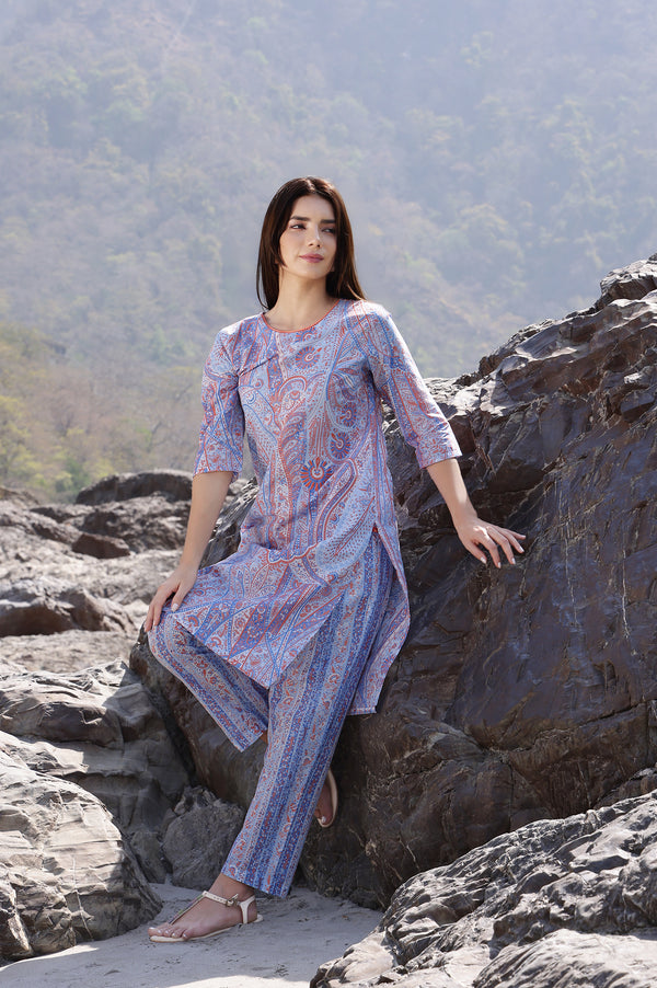Light Blue Paisley Printed Kurta and Pants Co-ord Set