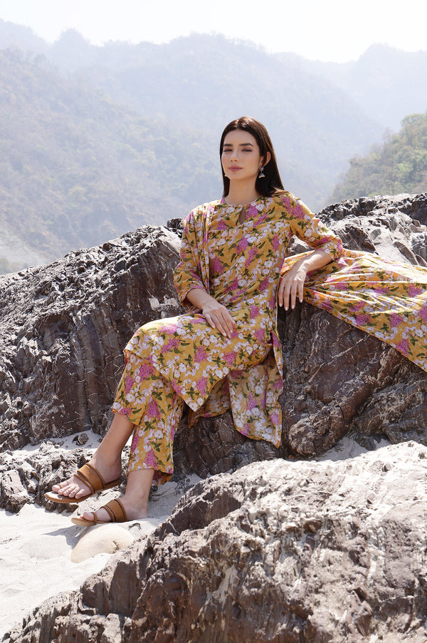 Yellow Floral Printed Kurta, Pants and Dupatta Set