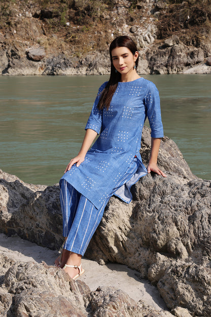 Blue Polka Dot Printed Pure Cotton Straight Kurta and Pants Co-ord Set