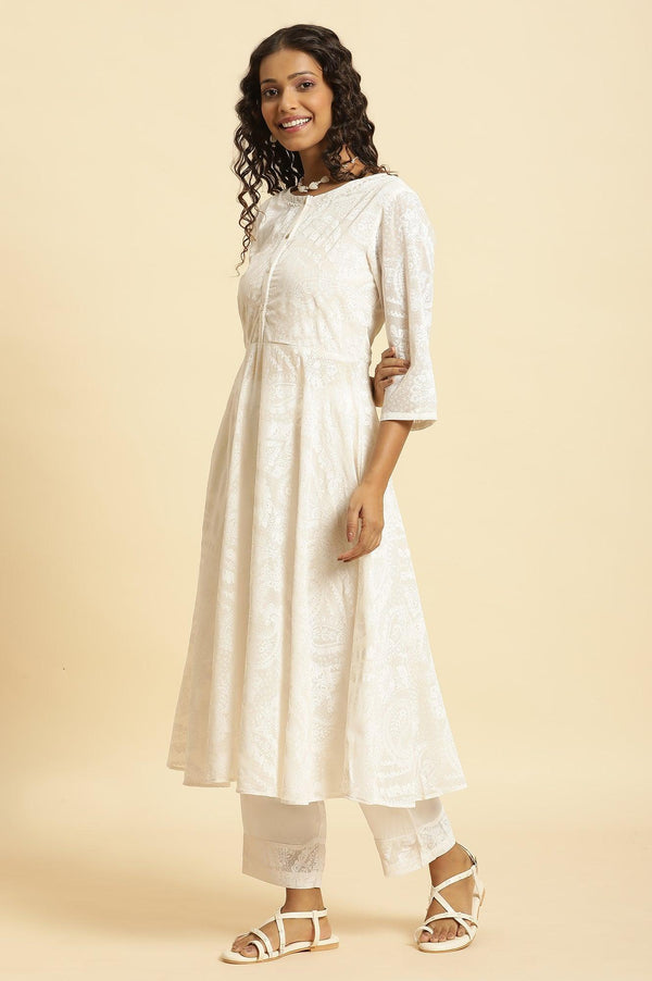 White Printed Flared Kurta And Pants Set