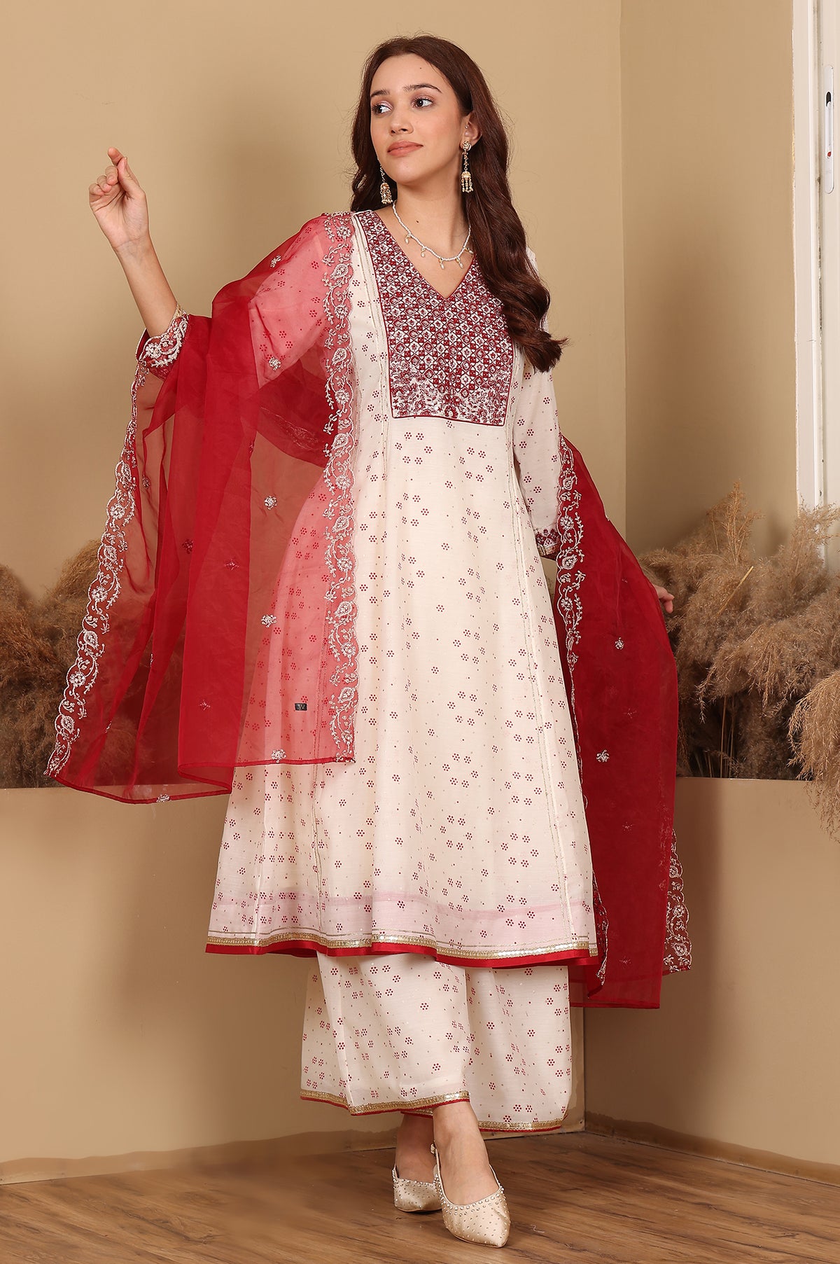 Whisper White Dot Printed Embroidered Chanderi Anarkali Kurta, Flared Pants And Dupatta Set - XS