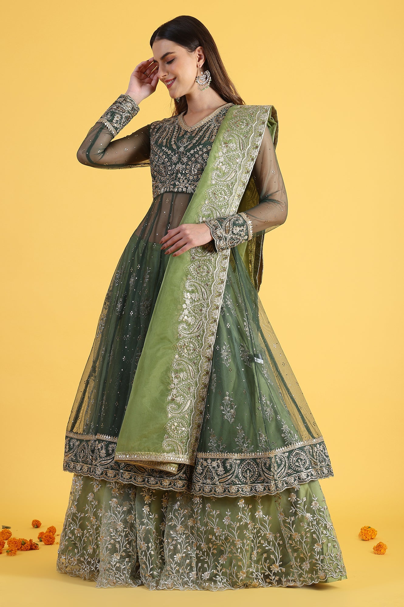 Green Metallic Embroidery Mesh Flared Kurta &amp; Skirt with Dupatta Set