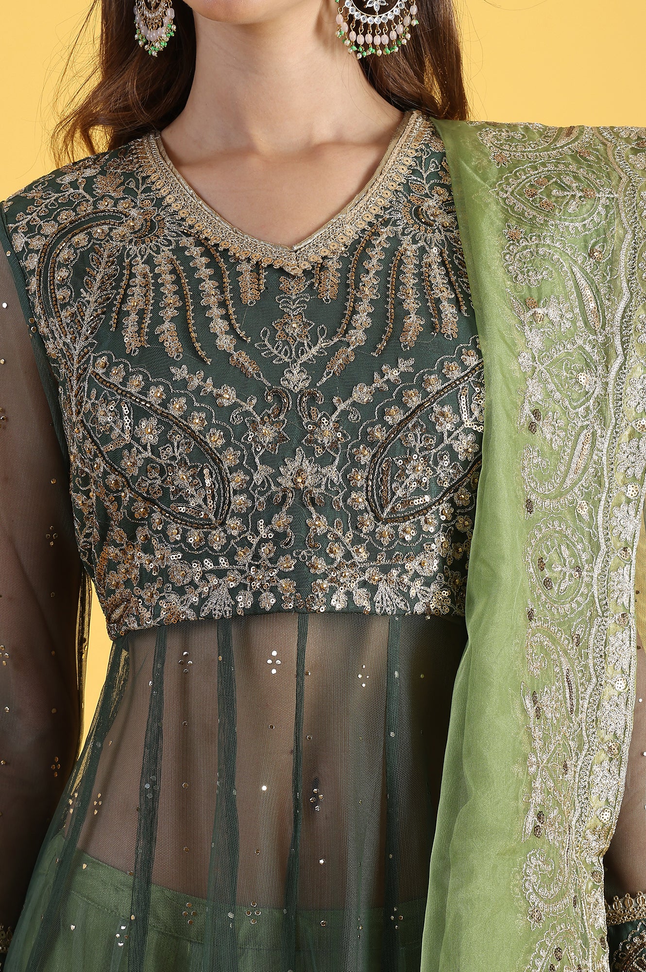 Green Metallic Embroidery Mesh Flared Kurta &amp; Skirt with Dupatta Set